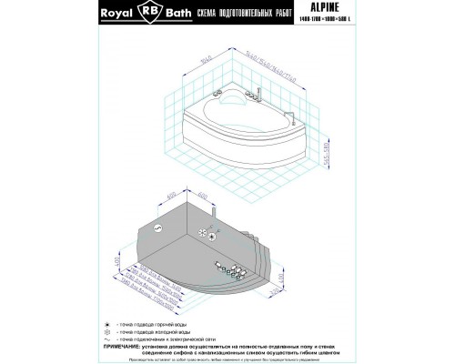 Акриловая гидромассажная ванна 160x100 см L Royal Bath Alpine Standart RB819101ST-L