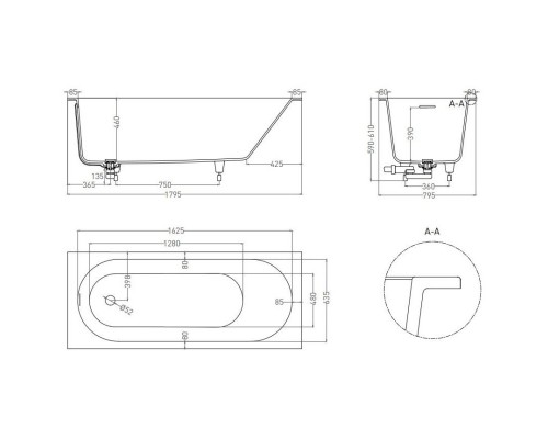 Ванна из литого мрамора 179,5x79,5 см Salini S-Sense Ornella Kit 102412G