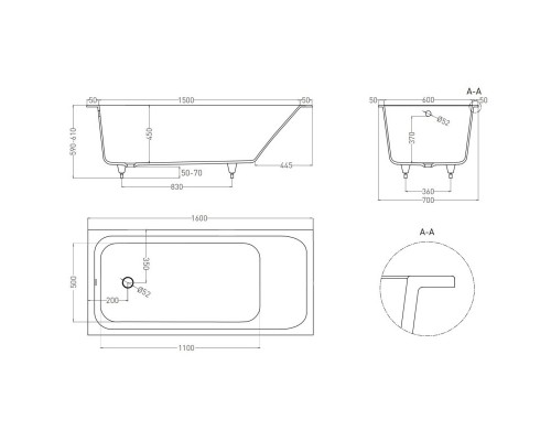 Ванна из литого мрамора 160x70 см Salini S-Sense Orlanda 102015M