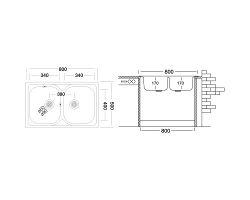 Кухонная мойка полированная сталь Ukinox Гранд GRP800.500 20GT8K -O