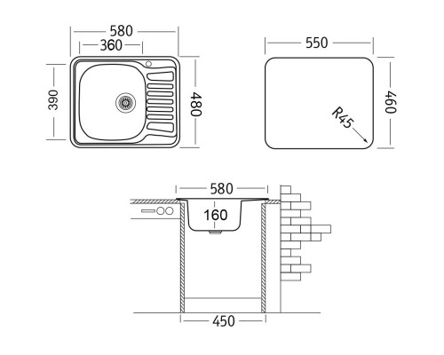 Кухонная мойка декоративная сталь Ukinox Комфорт COL580.480 -GT6K 2L