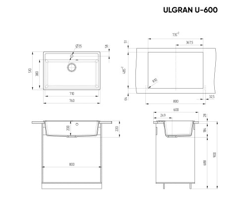 Кухонная мойка Ulgran ультра-черный U-600-344