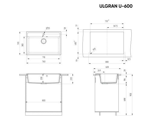 Кухонная мойка Ulgran черный U-600-308