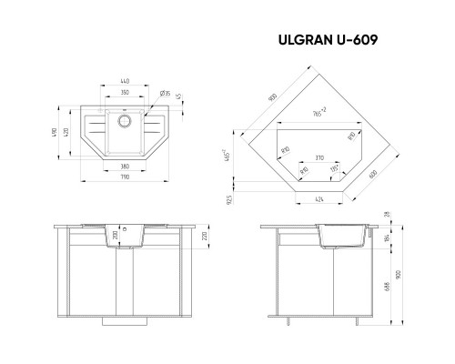 Кухонная мойка Ulgran ультра-черный U-609-344