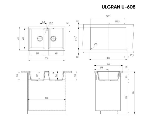 Кухонная мойка Ulgran серый U-608-310