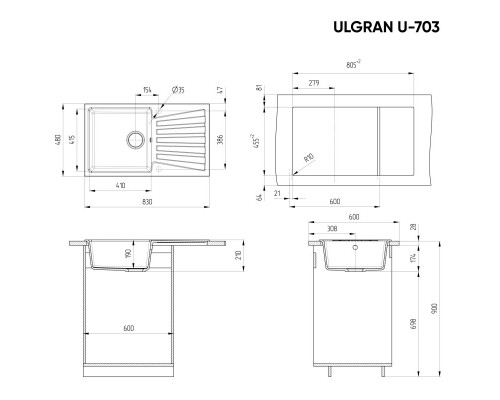 Кухонная мойка Ulgran черный U-703-308