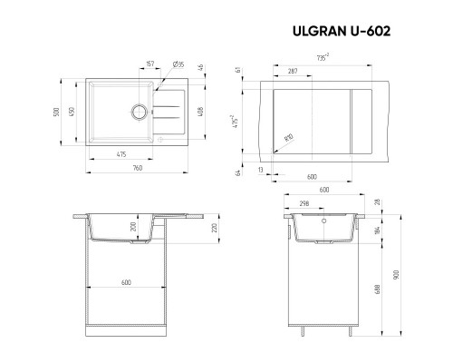 Кухонная мойка Ulgran ультра-черный U-602-344
