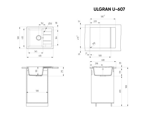 Кухонная мойка Ulgran темно-серый U-607-309