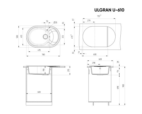 Кухонная мойка Ulgran черный U-610-308