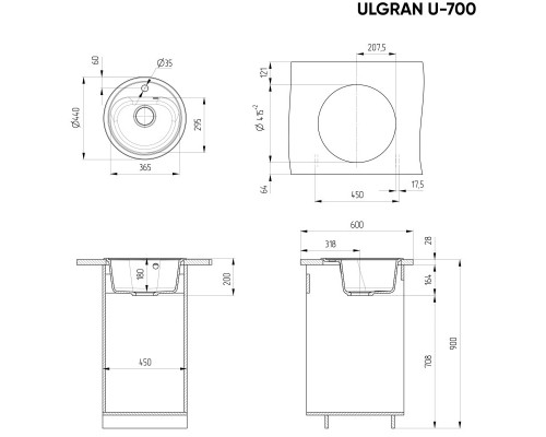 Кухонная мойка Ulgran темно-серый U-700-309