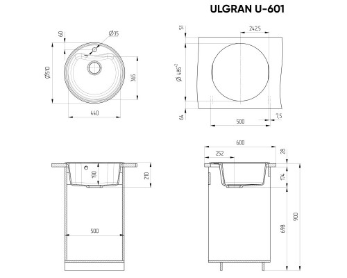 Кухонная мойка Ulgran серый U-601-310