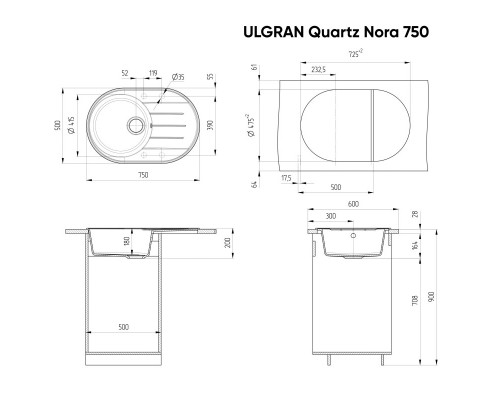 Кухонная мойка Ulgran мокрый асфальт Nora 750-09