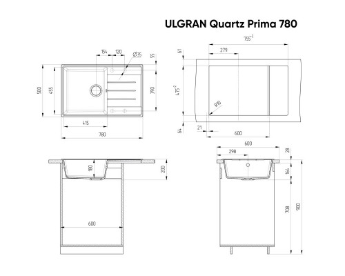 Кухонная мойка Ulgran мокрый асфальт Prima 780-09