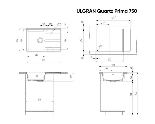 Кухонная мойка Ulgran мокрый асфальт Prima 750-09