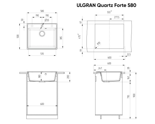 Кухонная мойка Ulgran мокрый асфальт Forte 580-09