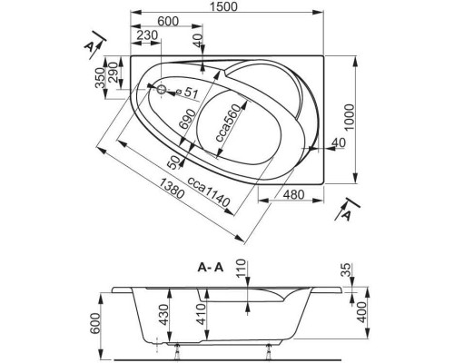 Акриловая ванна 150x100 см L Vagnerplast Flora VPBA151FLA3LX-04