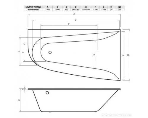 Акриловая ванна 180x100 см правая Vayer Boomerang GL000010852