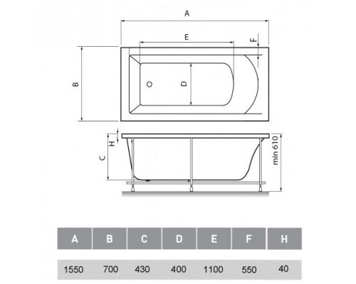 Акриловая ванна 155x70 см Vayer Milana GL000024269