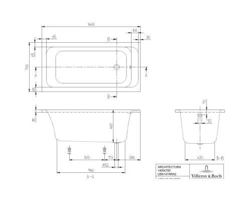 Акриловая ванна 140x70 см Villeroy & Boch Architectura UBA147ARA2V-01