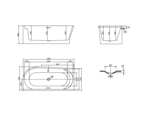 Акриловая ванна 150x78 см Vincea VBT-301-1500R