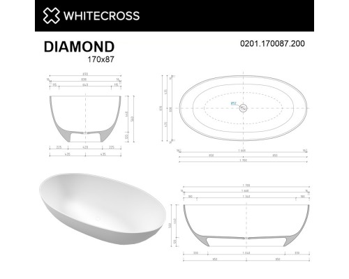 Ванна из литого мрамора 170x87 см Whitecross Diamond 0201.170087.200 Elit-san.ru