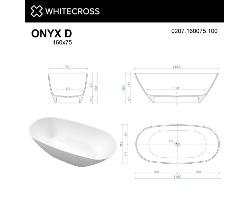 Ванна из литого мрамора 160x75 см Whitecross Onyx D 0207.160075.100 Elit-san.ru