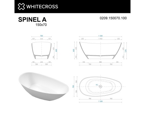 Ванна из литого мрамора 150x70 см Whitecross Spinel A 0209.150070.100 Elit-san.ru