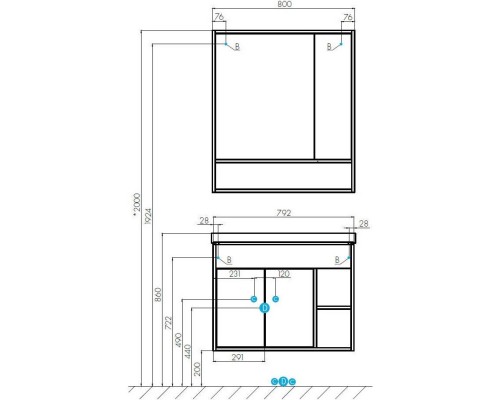 Комплект мебели белый глянец/дуб крафт 80 см Акватон Флай 1A237401FAX10 + 1WH302251 + 1A237702FAX10