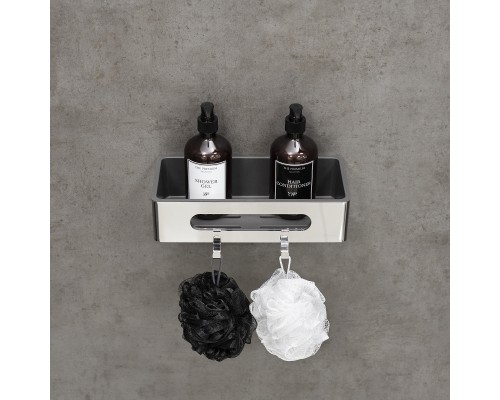Полка для душа прямая Lemark SHELF LINE из нерж. стали с крючками, хром/вставка-пластик графит (9771043)
