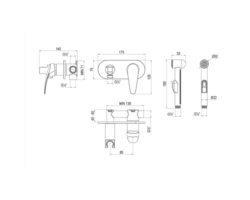 Смеситель Lemark Linara LM0419C с гигиеническим душем, встраиваемый
