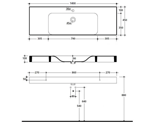 Раковина подвесная/накладная Kerasan Cento 140 х 45 см, керамика, цвет белый, 353501*1