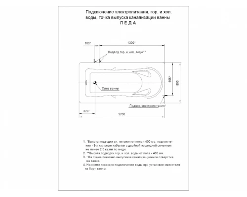 Акриловая ванна Aquatek Леда 170х80 см