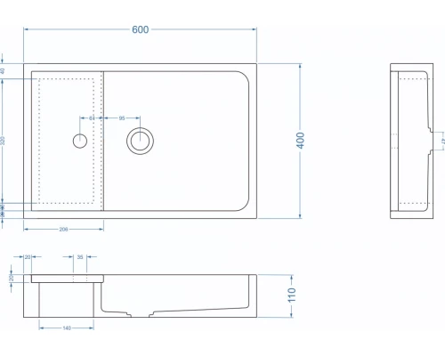 Раковина для ванной комнаты накладная Uperwood Piter (60*40 см, прямоугольная, черный)