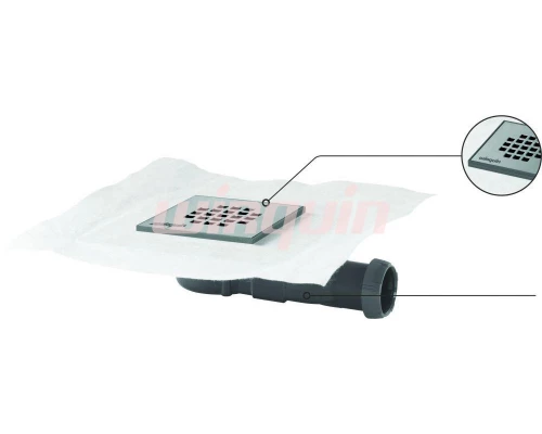 Трап с гидроизоляционным полотном и уплотнением из полистирола с нержавеющей решеткой 115х115 мм, си