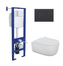 Комплект: инсталляция АТОМ кнопка черная SoftTouch, унитаз EGO XL Rimless, сидение дюропласт микроли