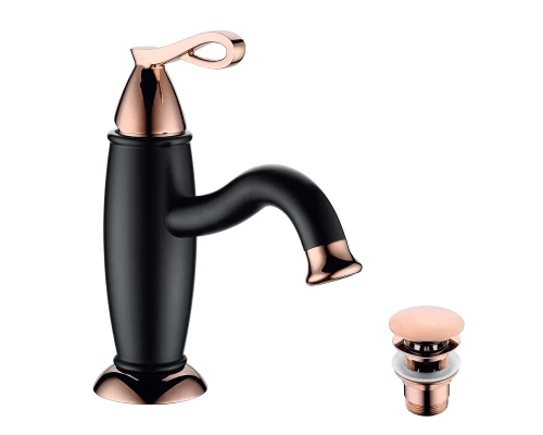 Prime Смеситель для раковины, монолит.излив 132мм д.клап.C/C, р/ОД, черный/роз.золото, LM, LM6106BRG