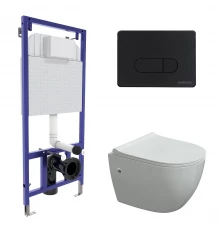 Комплект для монтажа подвесного унитаза: инсталляция NOVUM525, кнопка D5 Soft Touch черная, унитаз O