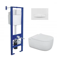 Комплект: инсталляция АТОМ Line кнопка белая, унитаз EGO XL Rimless, сидение дюропласт микролифт, бы