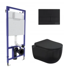 Комплект для монтажа подвесного унитаза: инсталляция NOVUM525, кнопка L5 soft touch черный, унитаз V