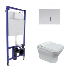 Комплект: инсталляция NOVUM кнопка L4 белая Soft Touch , унитаз Strati Rimless, сиденье дюропласт St