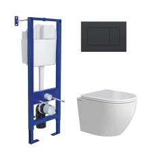 Комплект: инсталляция АТОМ кнопка черная Soft Touch, унитаз OKUS Rimless 49 см, сиденье дюропласт ми