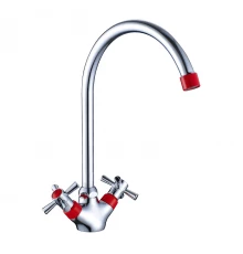 Смеситель двуручный для кухни с поворотным изливом, картридж 35 мм., красный/хром, DECOROOM