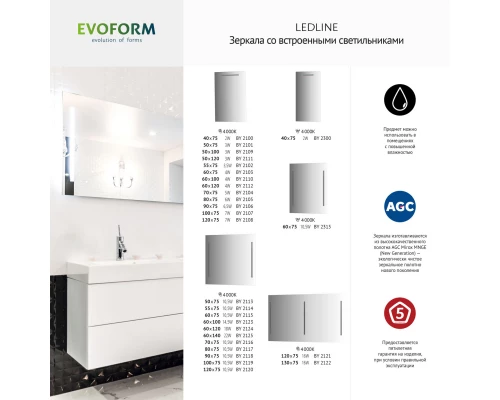 Зеркало настенное с 2-мя встроенными LED-светильниками, ИК-выключатель, Ledline EVOFORM 60x75 см, BY 2315