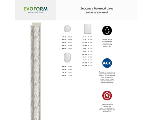 Зеркало настенное Octagon EVOFORM в багетной раме волна алюминий, 48,2х48,2 см, BY 3682