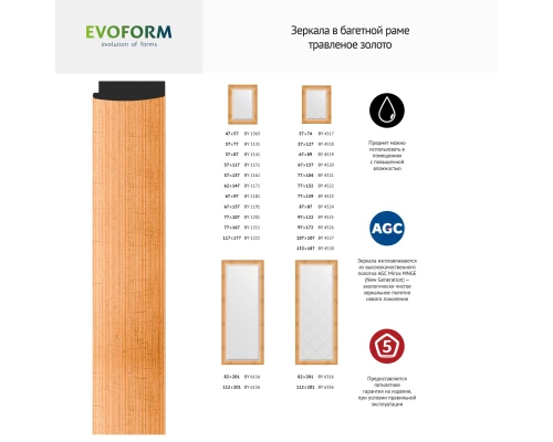 Зеркало настенное с гравировкой EVOFORM в багетной раме травленое золото, 66х156 см, BY 4520