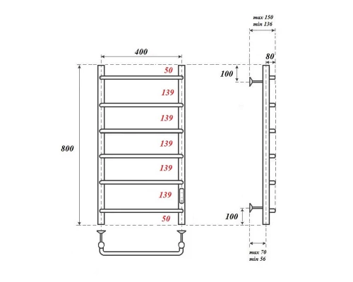 Полотенцесушитель электрический Point Ника PN08848 П6 400x800 диммер справа, хром