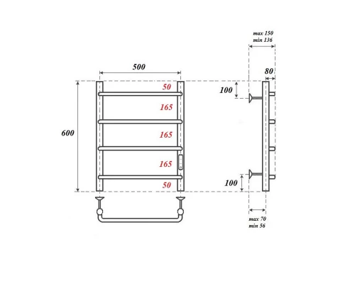 Полотенцесушитель электрический Point Ника PN08856 П4 500x600 диммер справа, хром