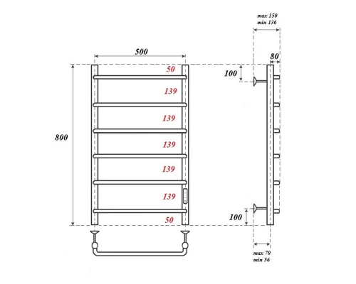 Полотенцесушитель электрический Point Ника PN08858 П6 500x800 диммер справа, хром