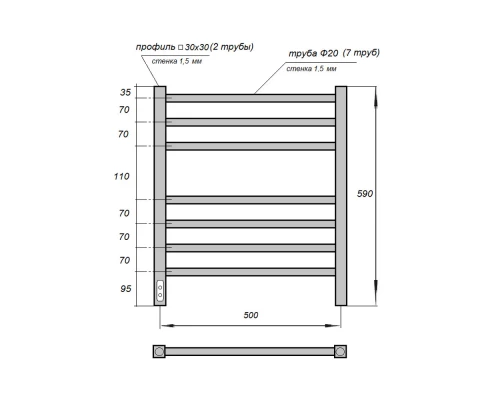 Полотенцесушитель электрический Point Веста PN70756B П7 500x600, диммер слева, черный