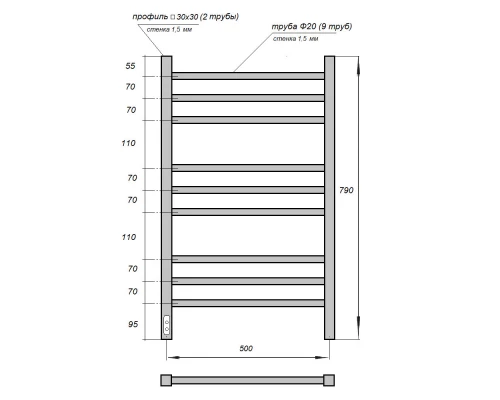 Полотенцесушитель электрический Point Веста PN70758B П9 500x800, диммер слева, черный